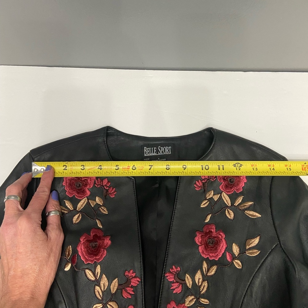 BELLE SPORT Womens Black Leather Jacket Blazer Floral Embroidery Throughout S - Picture 9 of 17